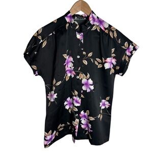 Vintage Hawaii Nei black satin with purple hibiscus flowers button front blouse